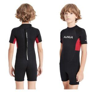 Aunua 3mm Kids Shorty Wetsuit For Youth Size 6 boys or girl red black short